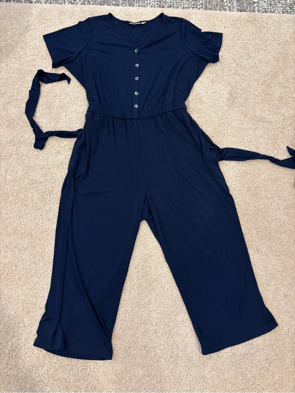 Susan Graver Liquid Knit Cropped Navy Jumpsuit 2X